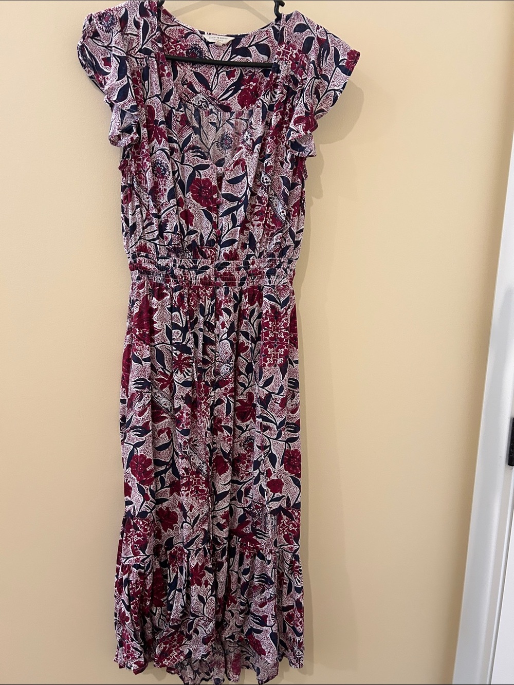 Floral Ruffle Cap-Sleeve Midi Dress in Burgundy and Black by Lucky Brand